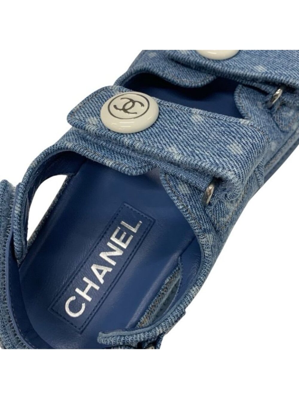Chanel Sandals Shoes Denim Blue Coco Mark Velcro Flat - Picture 7 of 9